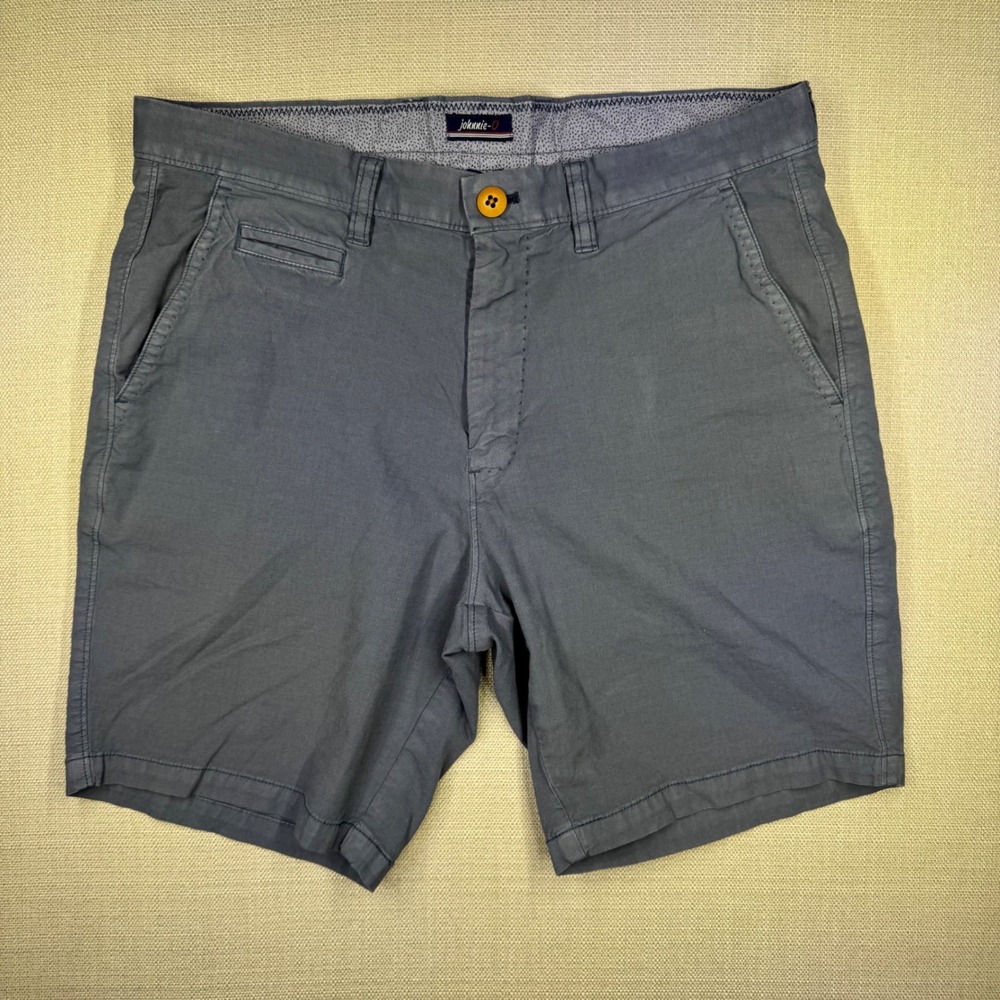 Johnnie-O Mens 32 Pima Cotton Blend Chino Shorts Slate Blue Gray Flat Front 8in